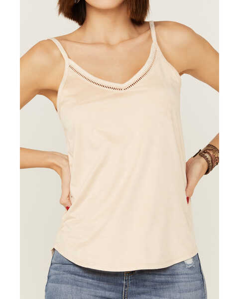 Image #2 - Shyanne Women's Faux Suede Lace Trim Taupe Cami, Taupe, hi-res