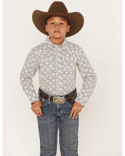 Cody James Boys' Print Long Sleeve Snap Western Shirt, White, hi-res