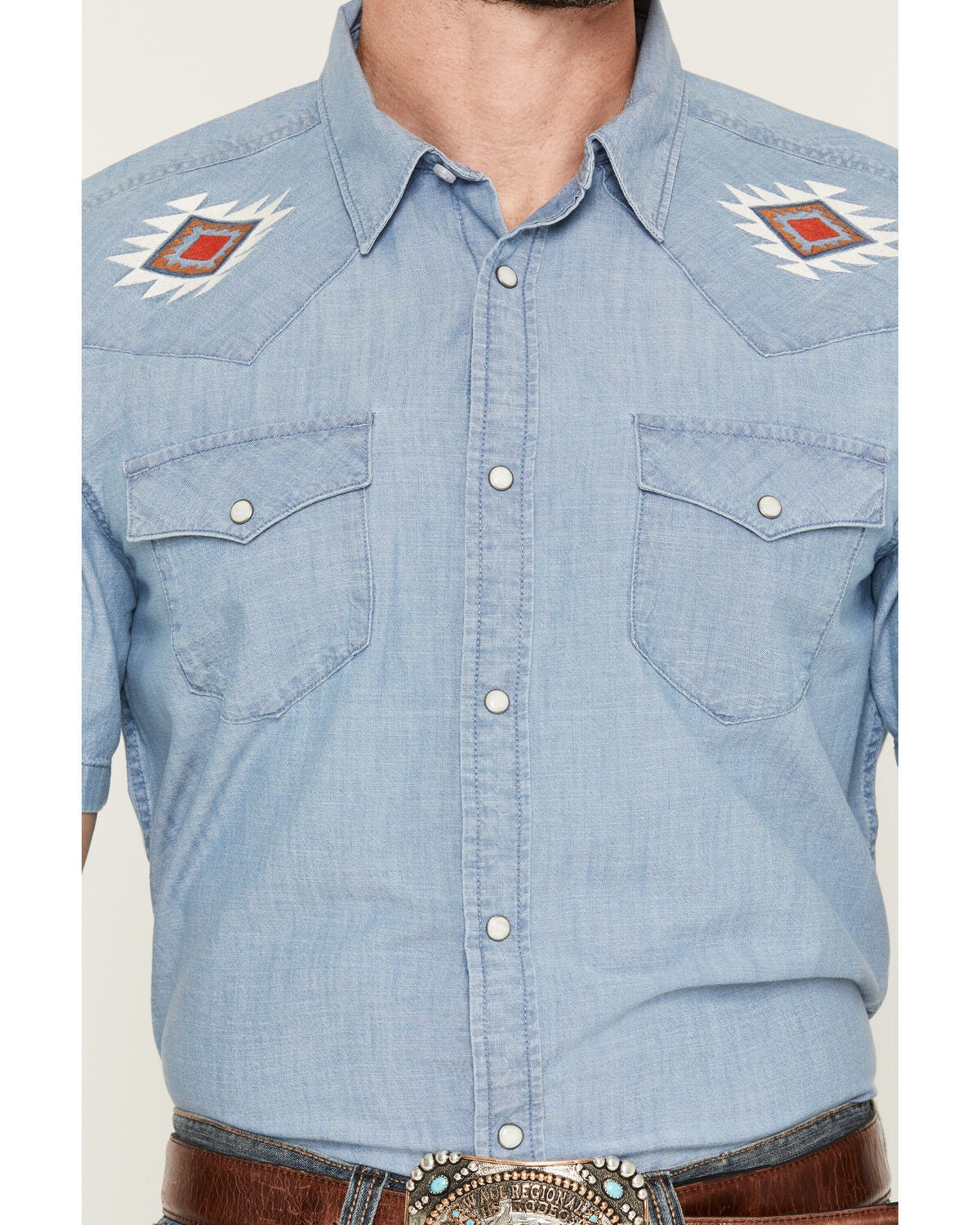 Image #3 - Cody James Men's Tucson Embroidered Denim Short Sleeve Snap Western Shirt, Light Wash, hi-res