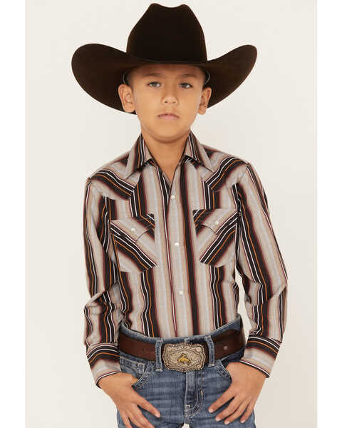 Ely Walker Boys' Striped Long Sleeve Snap Western Shirt, Brown, hi-res