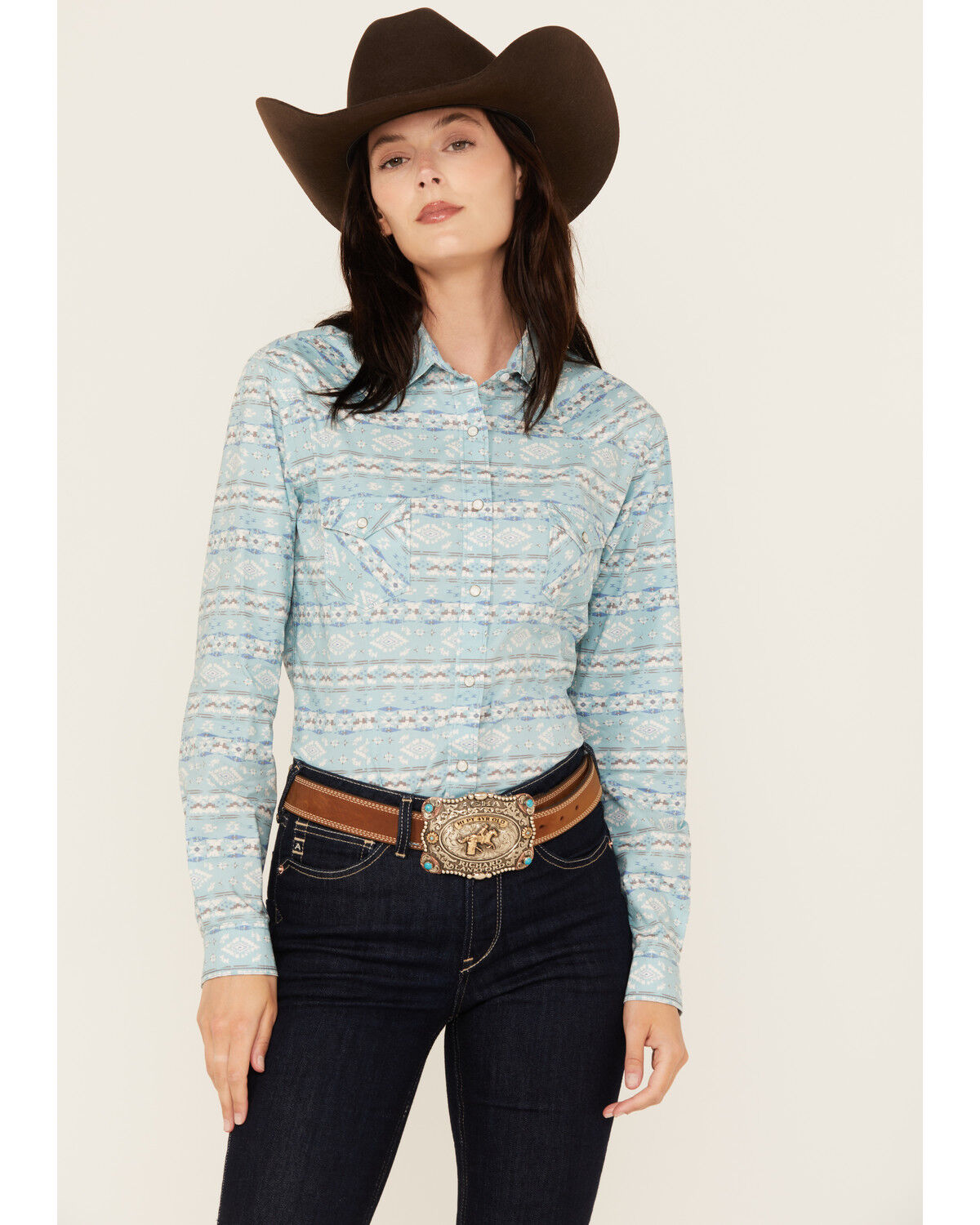 Image #1 - Rough Stock Women's Southwestern Print Long Sleeve Pearl Snap Stretch Western Shirt, Turquoise, hi-res