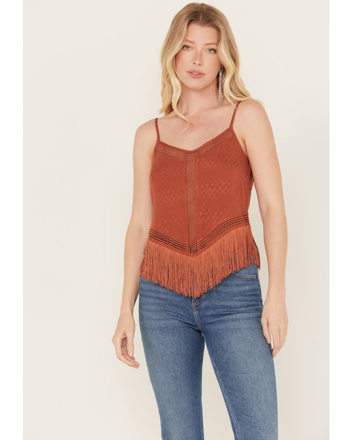 Image #1 - Idyllwind Women's Lace & Fringe Handkerchiefed Tank, Pecan, hi-res