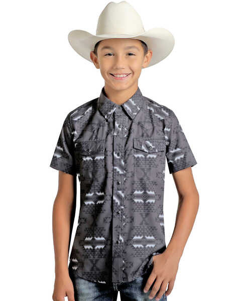 Rock & Roll Denim Boys' Tek Southwestern Print Short Sleeve Snap Western Shirt , Grey, hi-res