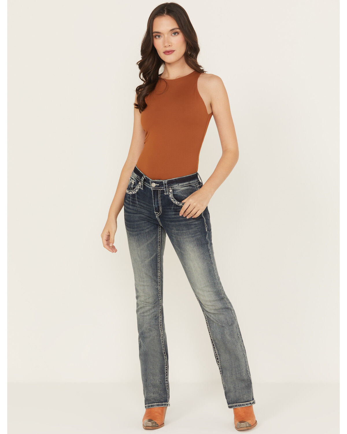 Image #3 - Grace in LA Women's Medium Wash Floral Embroidered Mid Rise Bootcut Stretch Denim Jeans, Medium Wash, hi-res