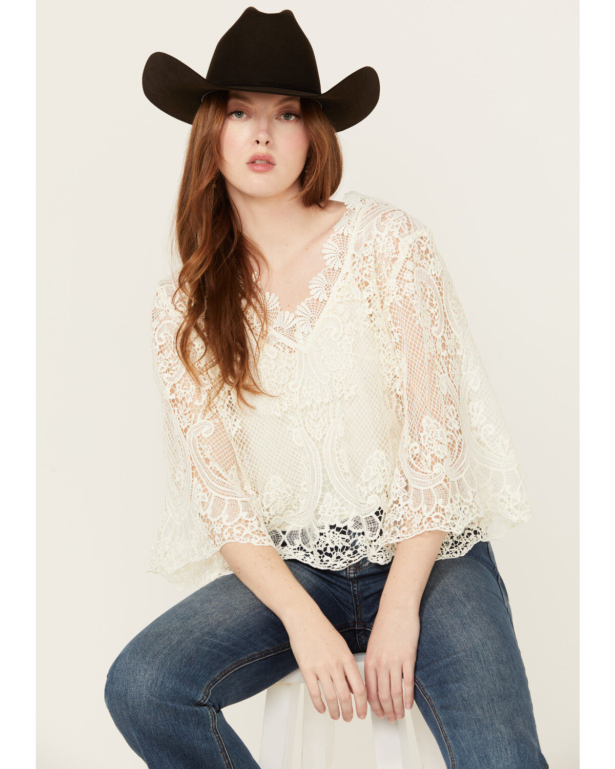 Image #1 - Miss Me Women's Paisley Embroidered Long Sleeve Blouse, Cream, hi-res