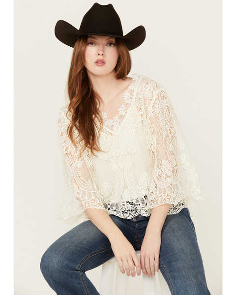 Image #1 - Miss Me Women's Paisley Embroidered Long Sleeve Blouse , Cream, hi-res