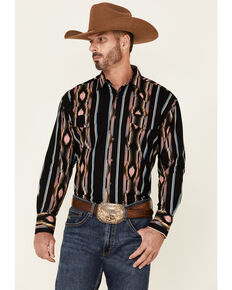 Wrangler Men's Black Checotah Southwestern Stripe Long Sleeve Snap Western Shirt , Black, hi-res