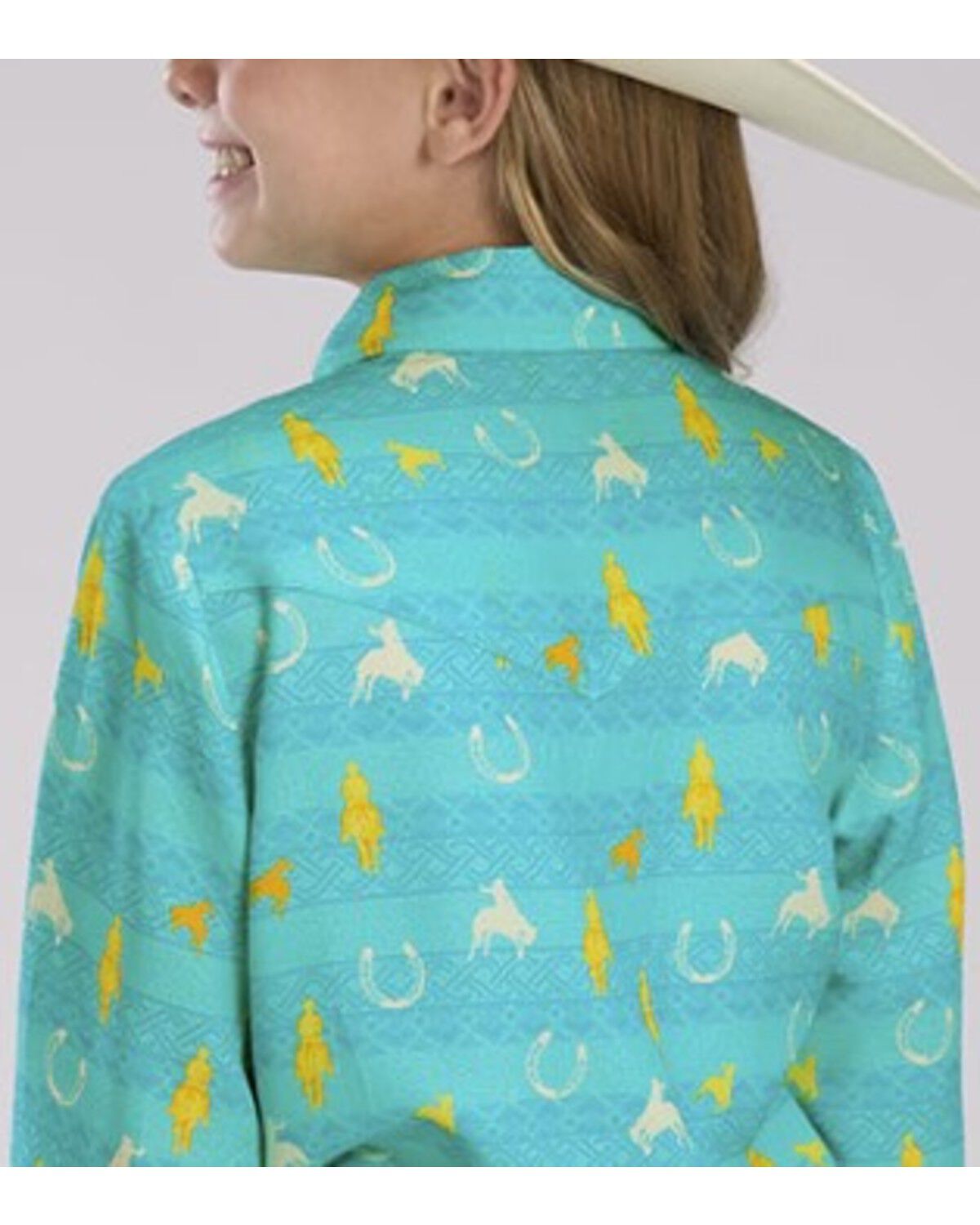 Image #2 - Roper Girls' Summer II Conversation Print Long Sleeve Snap Western Shirt, Turquoise, hi-res