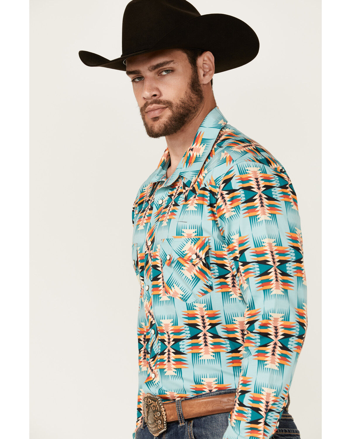 Image #2 - Rock & Roll Denim Men's Southwestern Print Long Sleeve Snap Stretch Western Shirt, Teal, hi-res