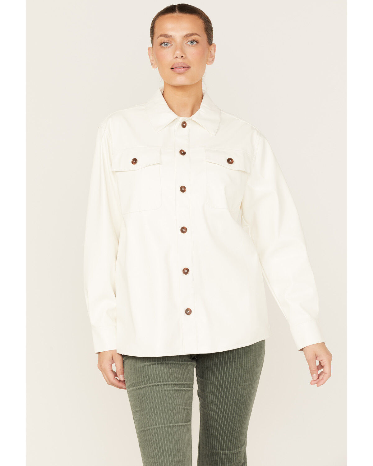 Image #1 - Cleo + Wolf Women's Oversized Solid Faux Leather Shacket, Ivory, hi-res