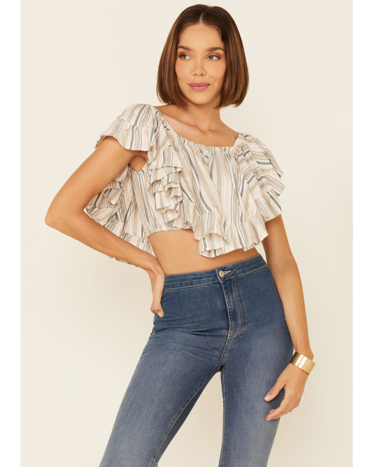 Image #1 - Angie Women's Stripe Butterfly Short Sleeve Crop Top, Cream, hi-res