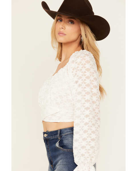 Image #2 - Beyond The Radar Women's Floral Lace Tie Back Long Sleeve Top , White, hi-res