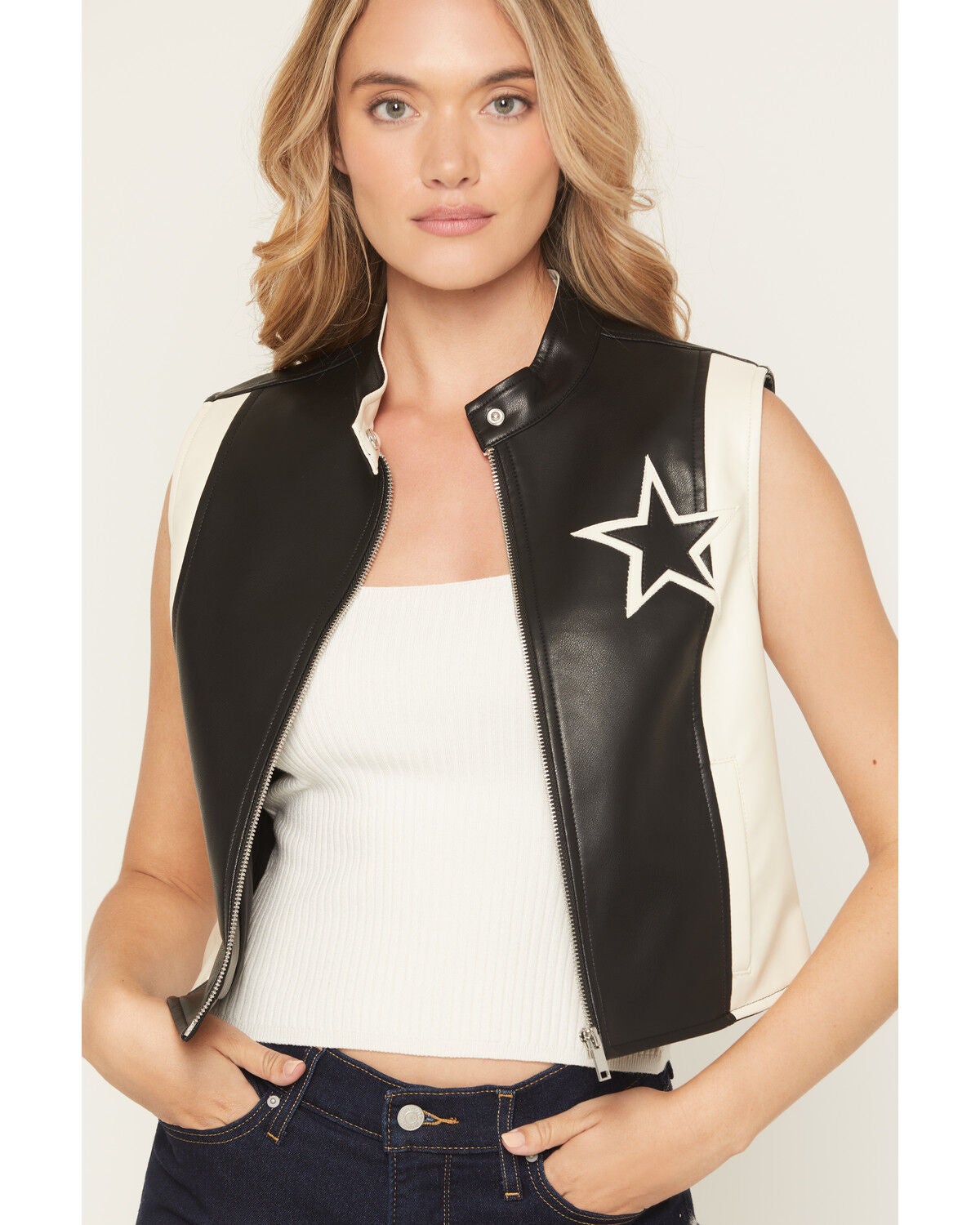 Image #4 - Stoosh Women's Star Faux Leather Zip-Up Vest, Black/white, hi-res