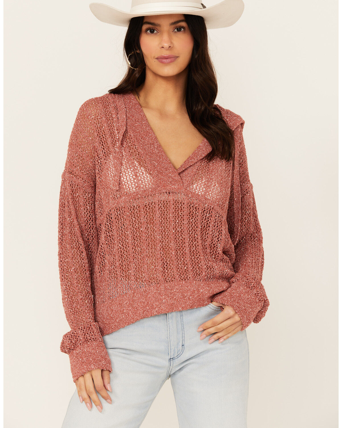 Image #1 - Cleo + Wolf Women's Blythe Deep V Weave Hooded Pullover, Peach, hi-res