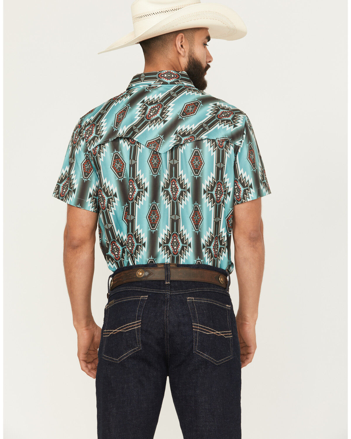 Image #4 - Rock & Roll Denim Men's Boot Barn Exclusive Tek Southwestern Short Sleeve Snap Stretch Western Shirt, Turquoise, hi-res