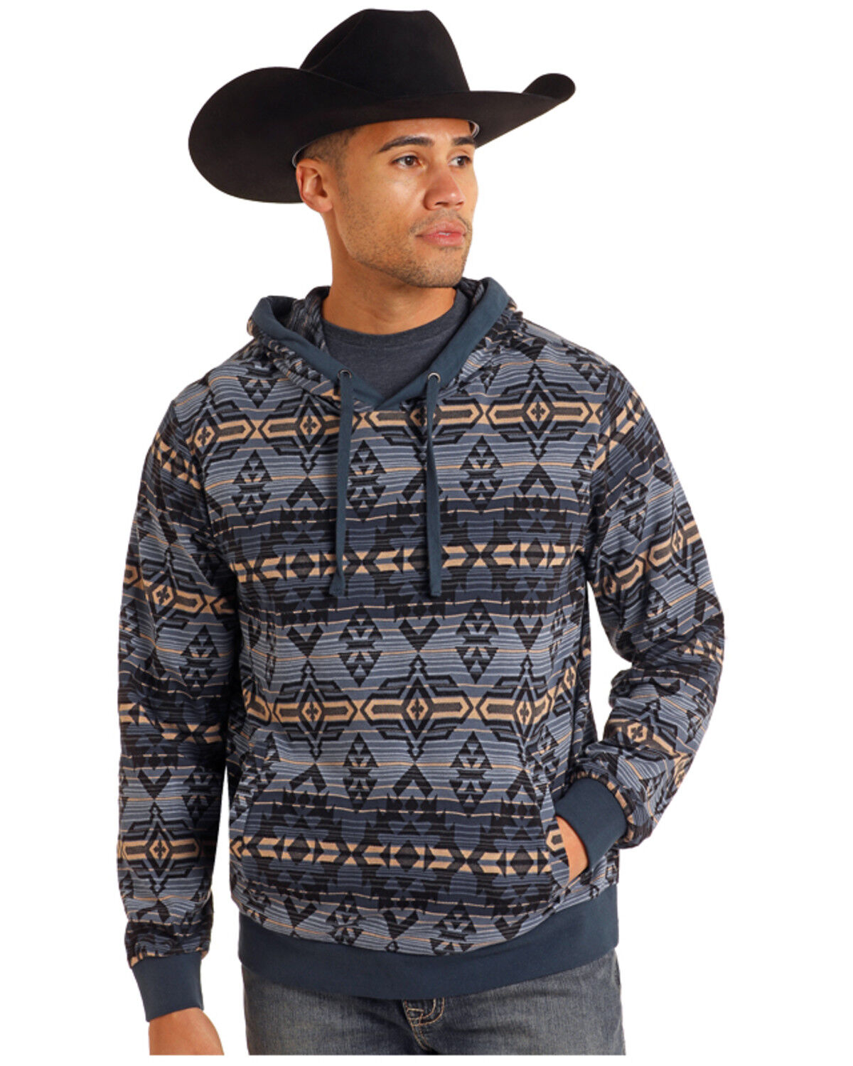 Image #1 - Rock & Roll Denim Men's Southwestern Print Hooded Sweatshirt, Navy, hi-res