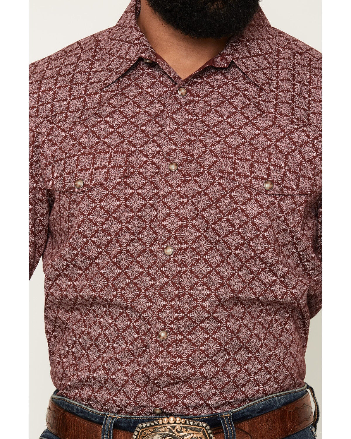Image #3 - Gibson Trading Co Men's Gypsy Den Medallion Print Short Sleeve Snap Western Shirt, Burgundy, hi-res