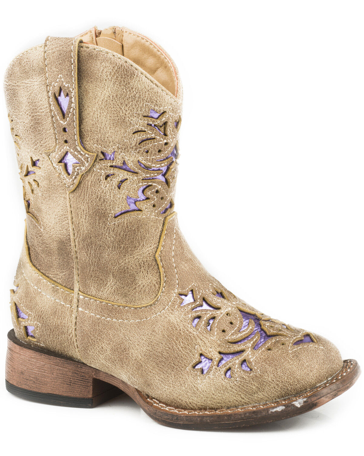Image #1 - Roper Toddler Girls' Lola Metallic Underlay Western Boots - Square Toe, Tan, hi-res
