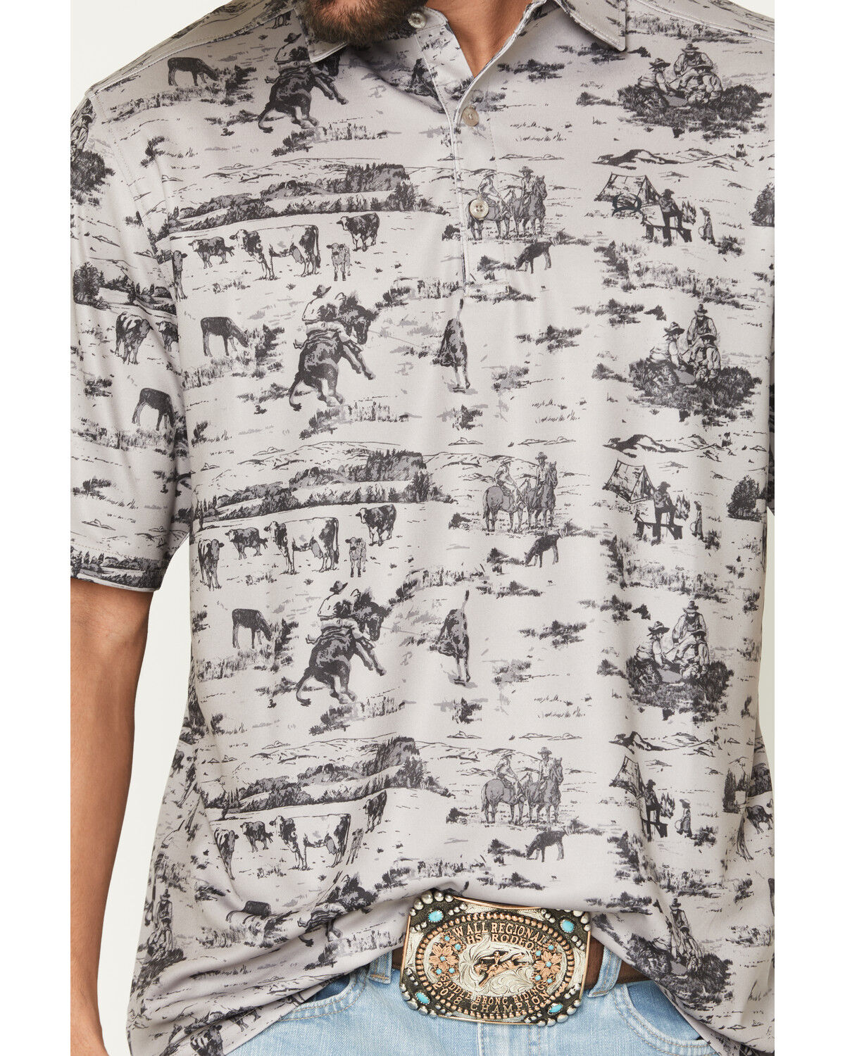 Image #3 - CInch Men's Cowboy Print Short Sleeve Button-Down Stretch Polo Shirt, Grey, hi-res