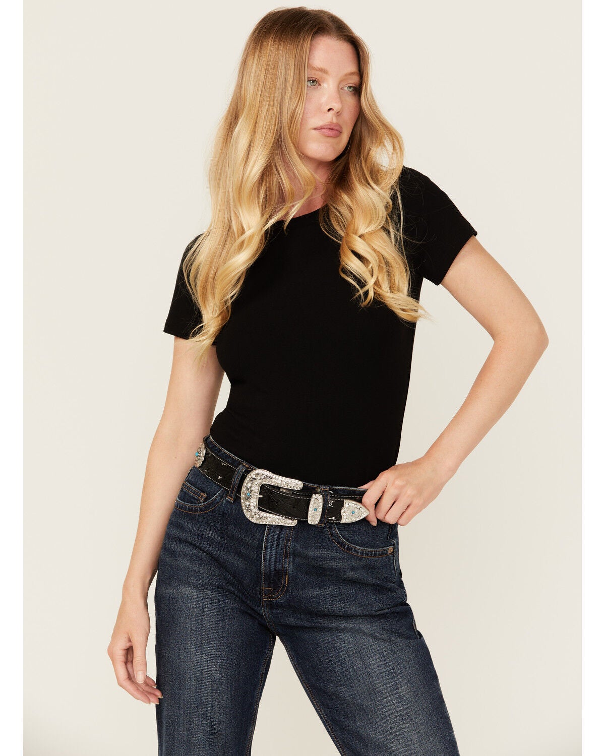 Shyanne Women's Underlay Concho Studded Tooled Belt, Black, hi-res