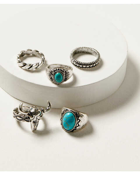 Idyllwind Women's Meridian Silver & Turquoise 5-Piece Ring Set, Silver, hi-res