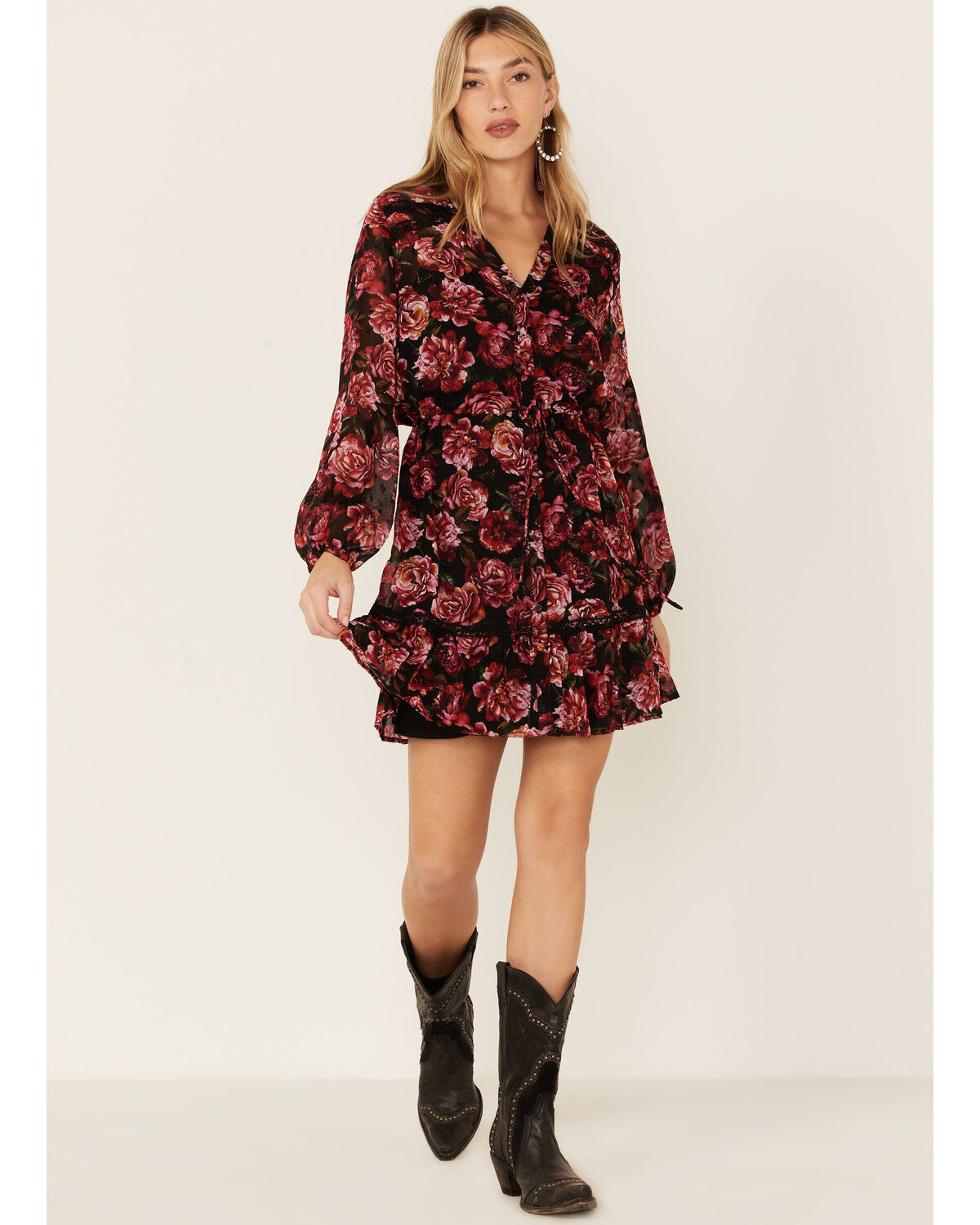 Image #1 - Lovestitch Women's Magenta Floral Floral Lace Trim Mini Dress, Magenta, hi-res