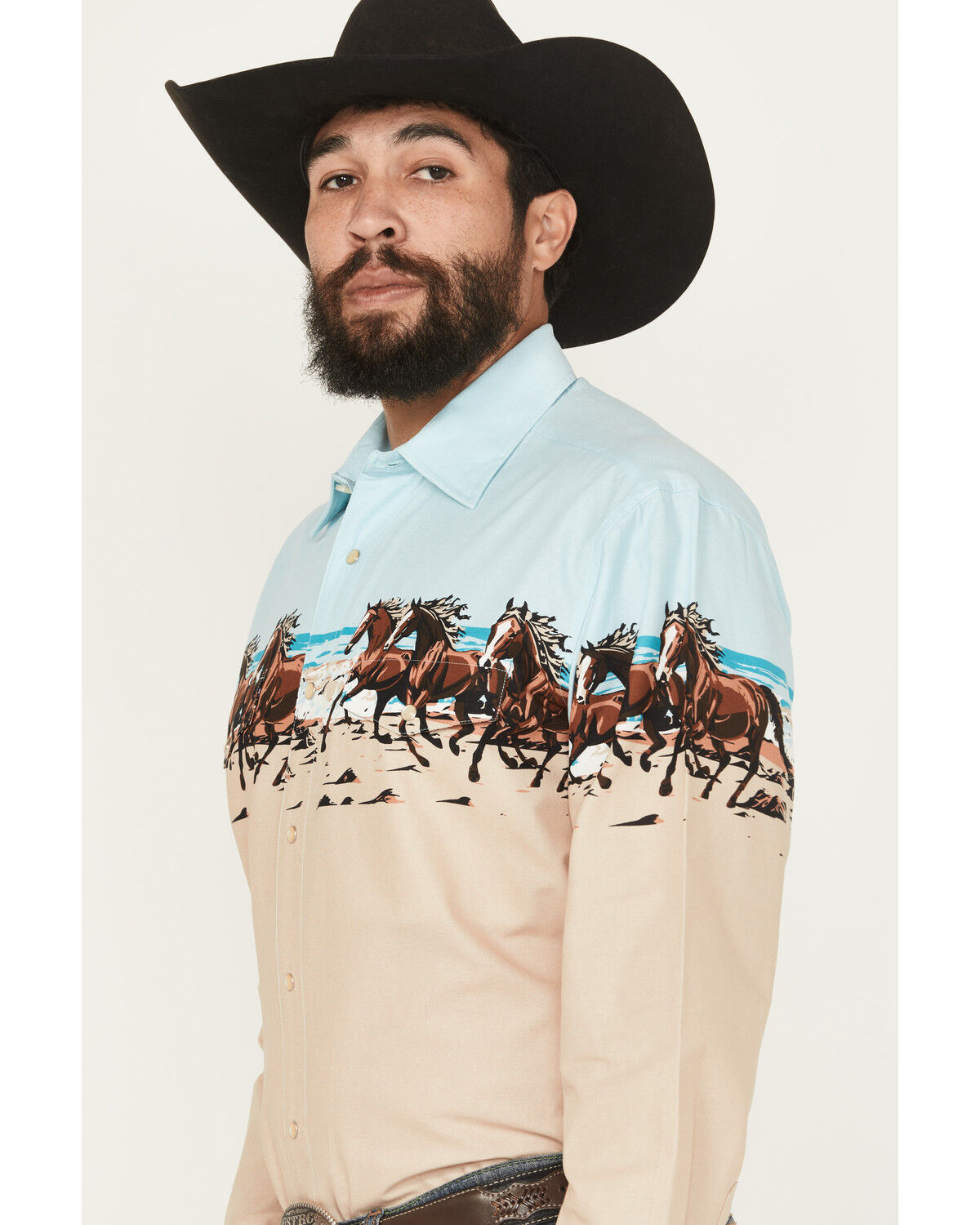 Image #2 - Panhandle Slim Men's Horse Border Print Long Sleeve Pearl Snap Western Shirt, Tan, hi-res