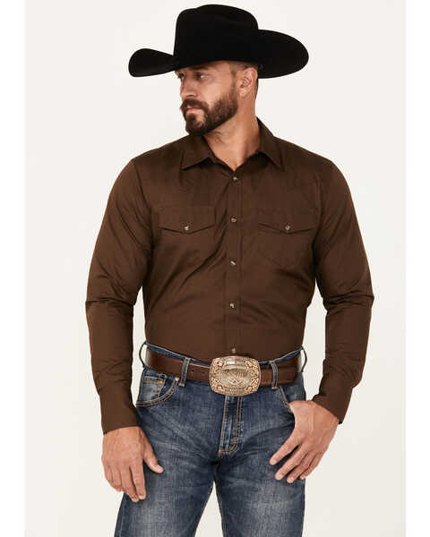 Gibson Trading Co Men's Basic Solid Twill Long Sleeve Snap Western Shirt, Dark Brown, hi-res