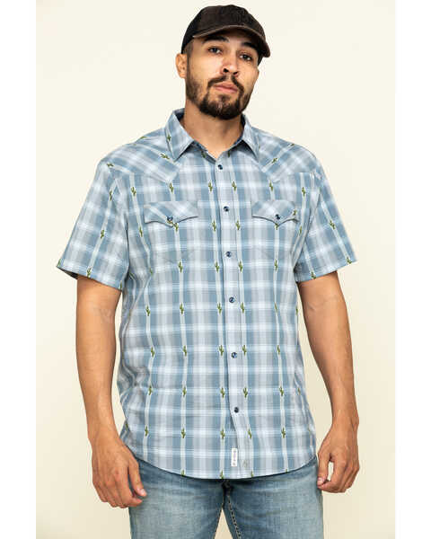 Moonshine Spirit Men's Cooler Cactus Plaid Short Sleeve Western Shirt , Blue, hi-res