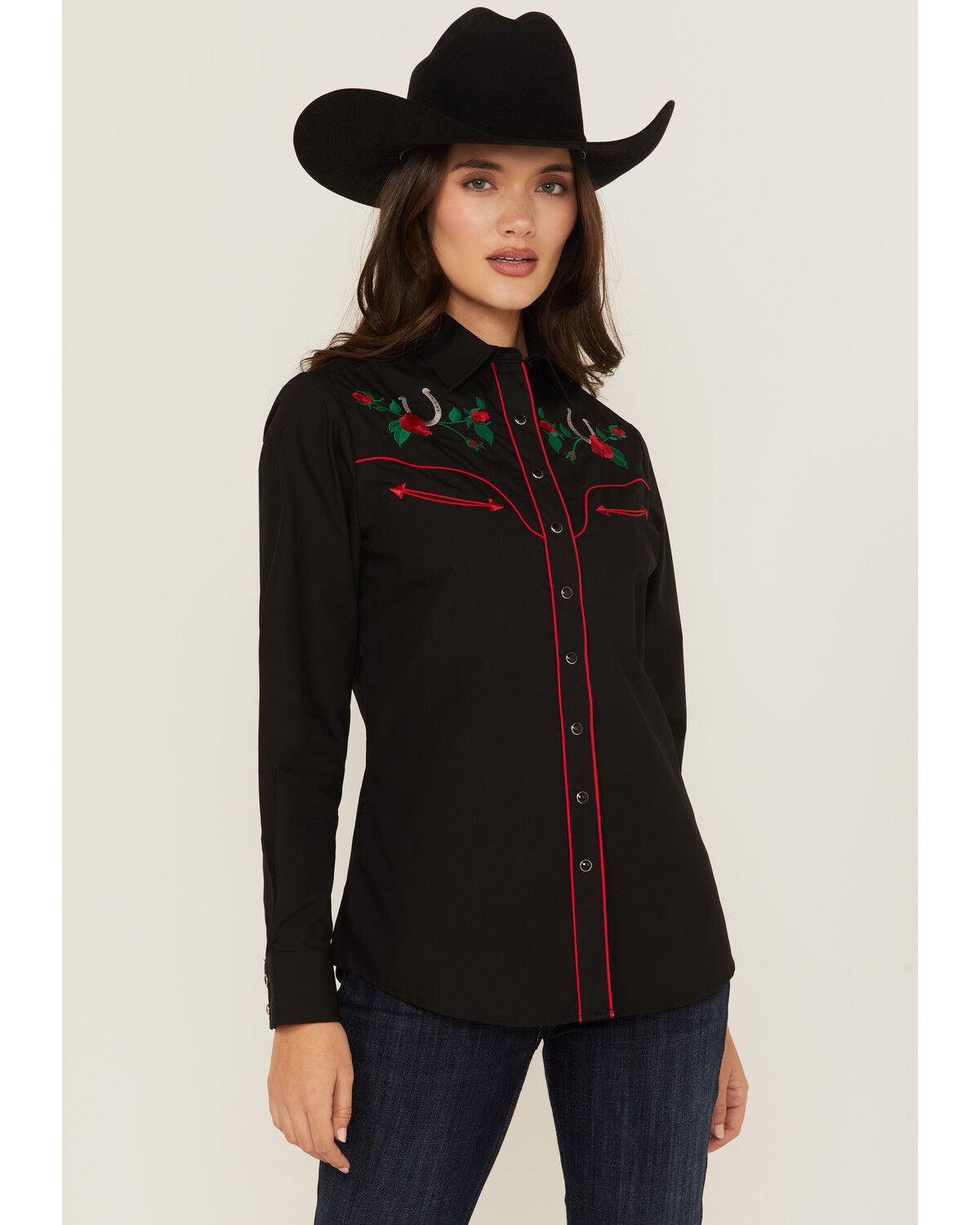 Image #1 - Rodeo Clothing Women's Rose Embroidered Long Sleeve Snap Western Shirt, Black, hi-res