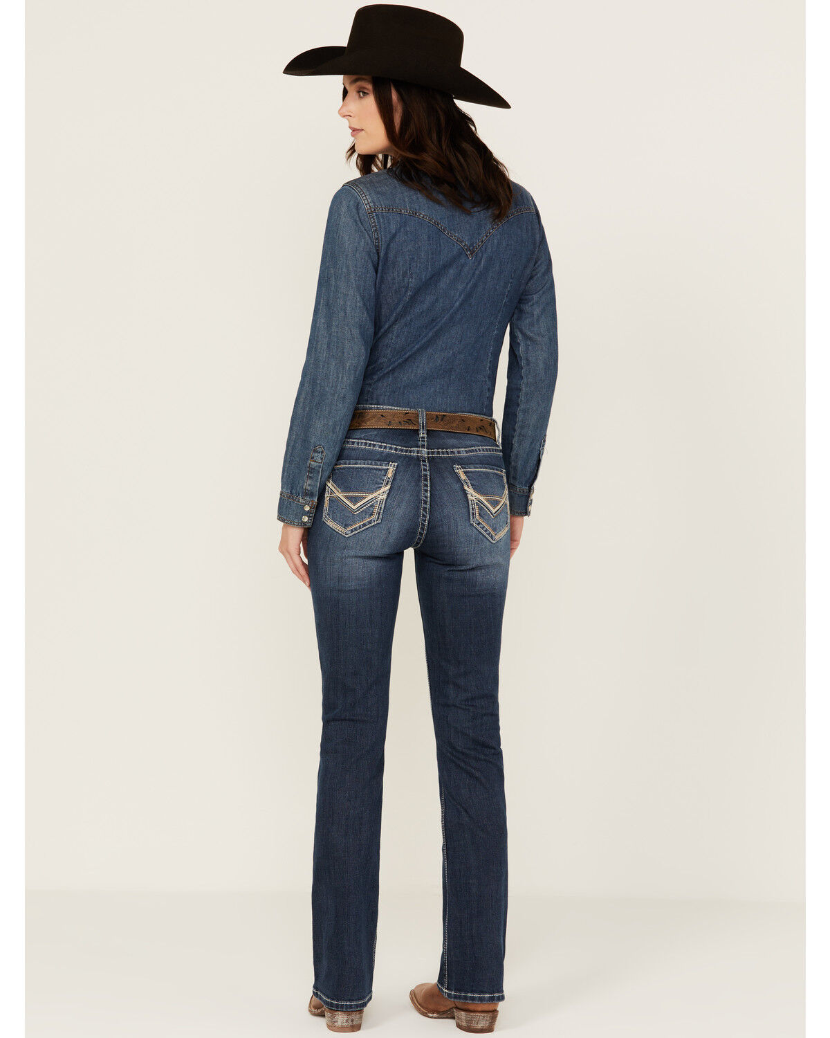 Image #1 - Rock & Roll Denim Women's Medium Wash Mid Rise Pleather Embroidered Pocket Bootcut Stretch Denim Jeans, Medium Wash, hi-res