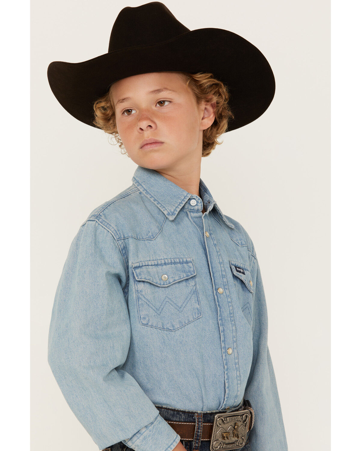 Image #3 - Wrangler Boys' Denim Long Sleeve Snap Western Shirt, Stonewash, hi-res