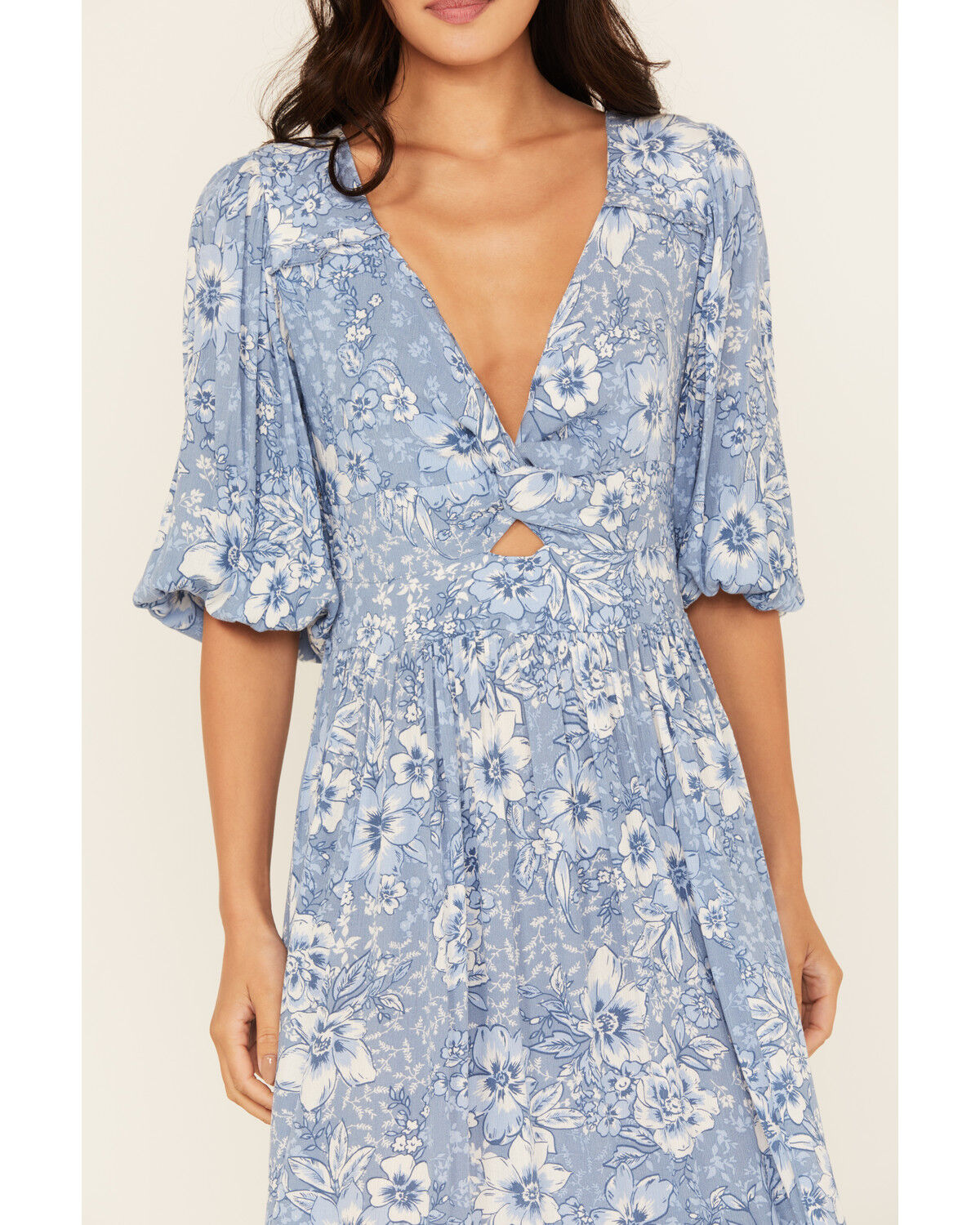 Image #3 - Wild Moss Women's Floral Print Front Twist Midi Dress, Blue, hi-res