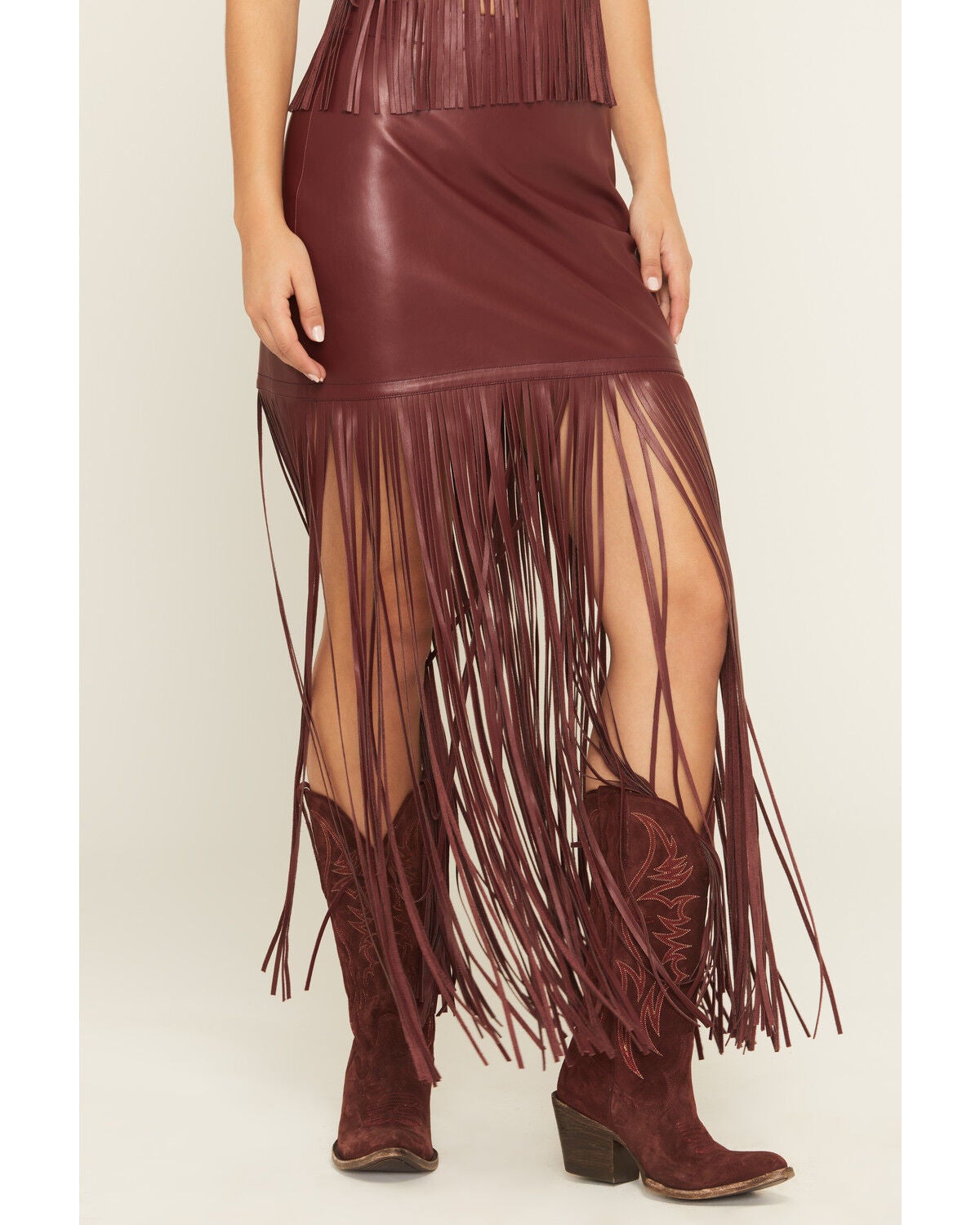 Image #5 - Idyllwind Women's Payson Faux Leather Fringe Maxi Skirt, Cherry, hi-res