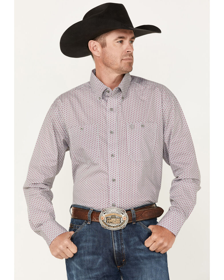 Wrangler Men's George Strait Geo Print Long Sleeve Button-Down Shirt, Purple, hi-res