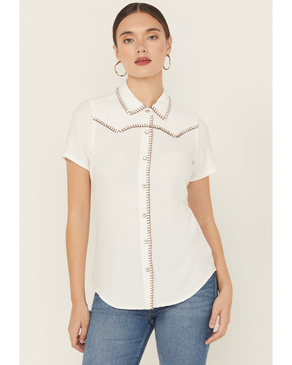 Image #2 - Idyllwind Women's Featherlight Short Sleeve Snap Stretch Western Shirt, Ivory, hi-res