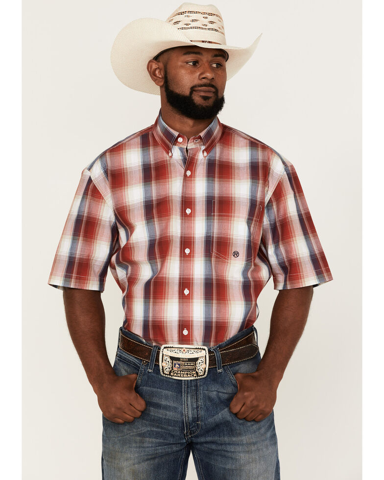 Roper Men's Liberty Bell Large Apple Plaid Short Sleeve Button-Down Western Shirt , Red, hi-res