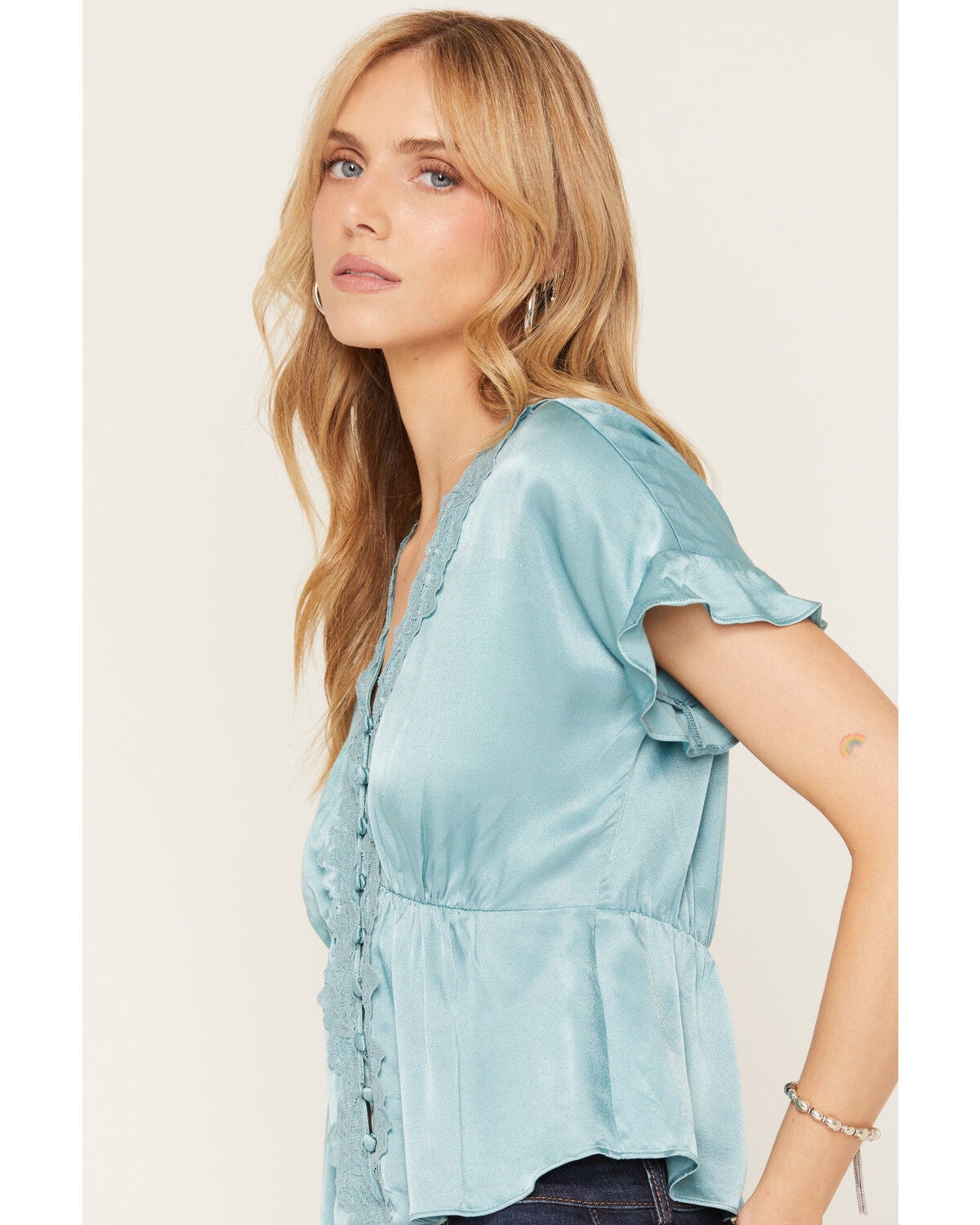 Image #2 - Shyanne Women's Gulch Lace Trim Ruffle Sleeve Top, Ocean Blue, hi-res