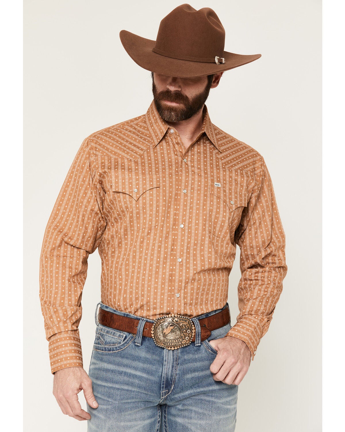 Image #1 - Ely Walker Men's Conversation Stripe Print Long Sleeve Snap Western Shirt, Gold, hi-res