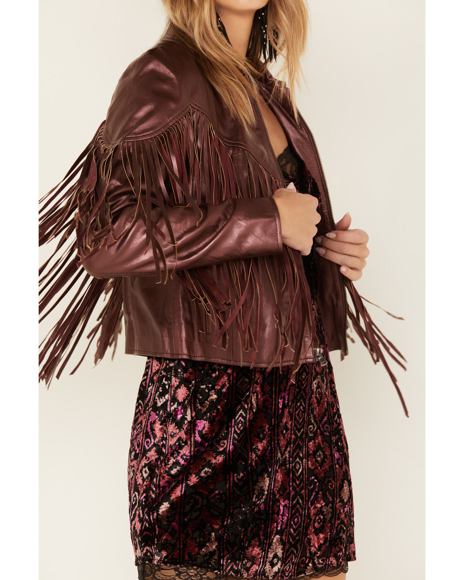 Image #4 - Idyllwind Women's Metallic Zip-Front Fringe Moto Jacket, Grape, hi-res