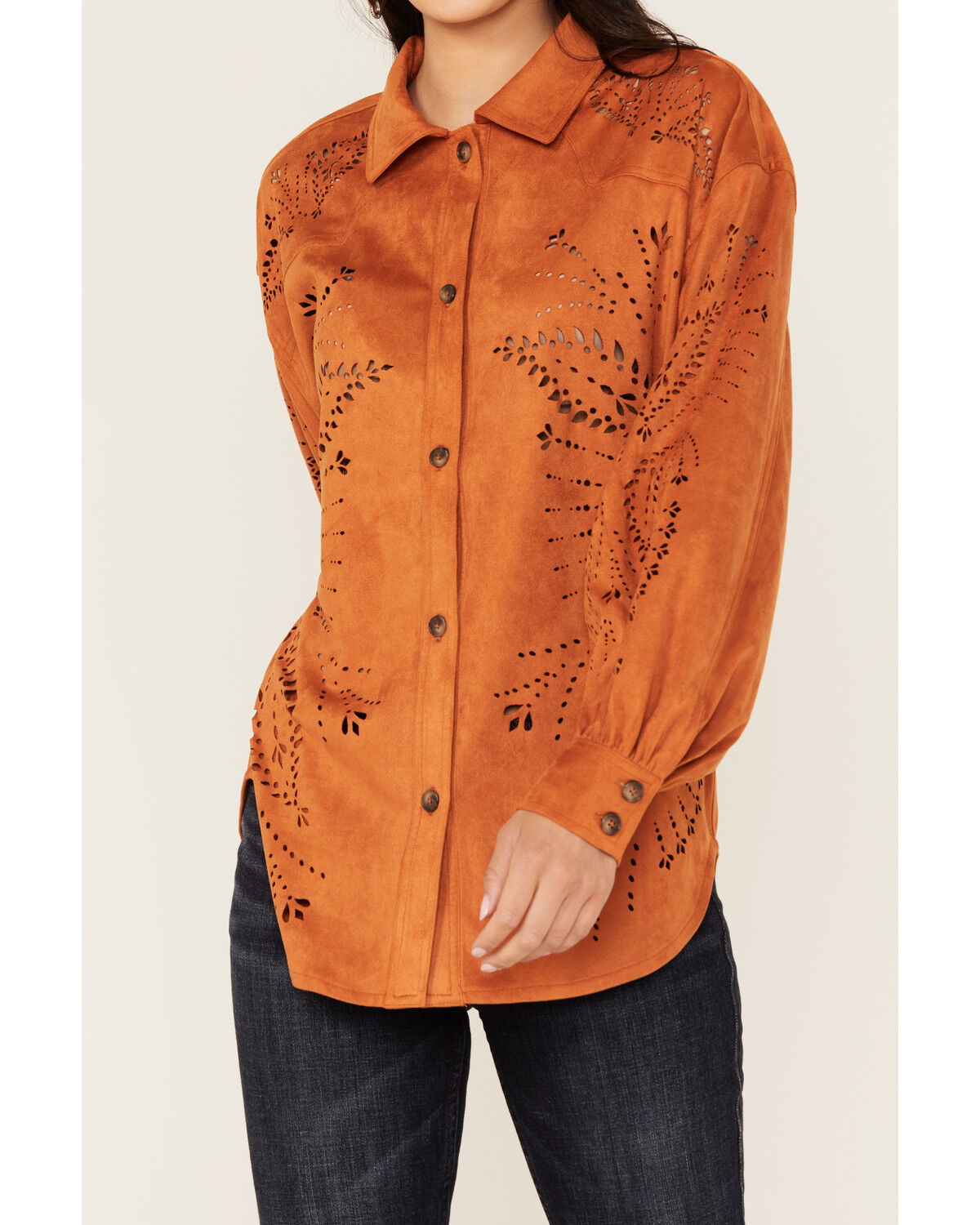 Image #3 - Shyanne Women's Faux Suede Laser Cutout Shacket, Caramel, hi-res