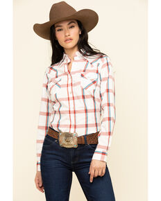 Wrangler Women's Ivory Plaid Long Sleeve Western Shirt , Rust Copper, hi-res