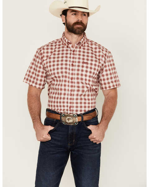Cowboy Hardware Men's Cube Plaid Print Short Sleeve Button-Down Western Shirt, Burgundy, hi-res
