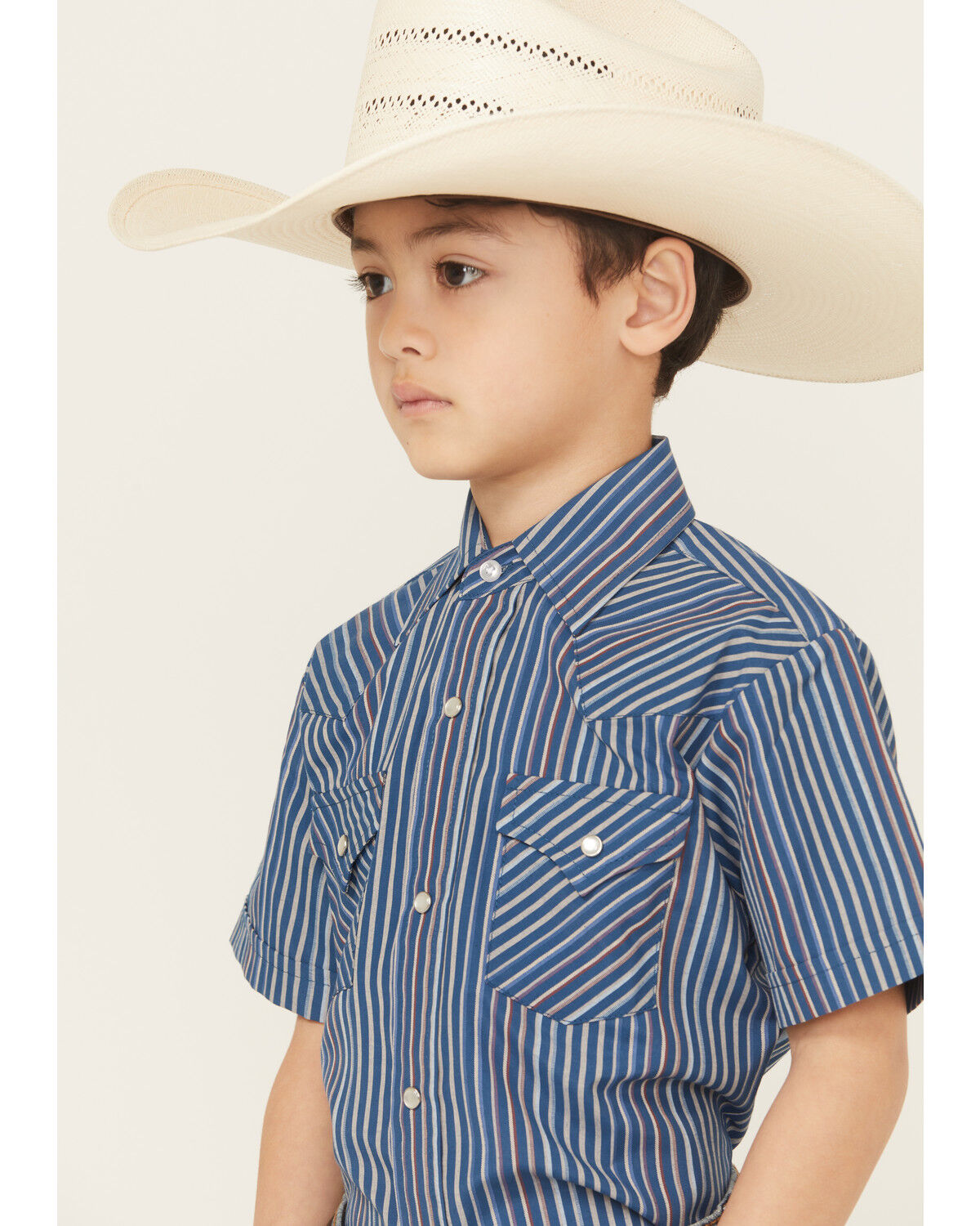 Image #2 - Ely Walker Boys' Striped Short Sleeve Pearl Snap Western Shirt, Navy, hi-res