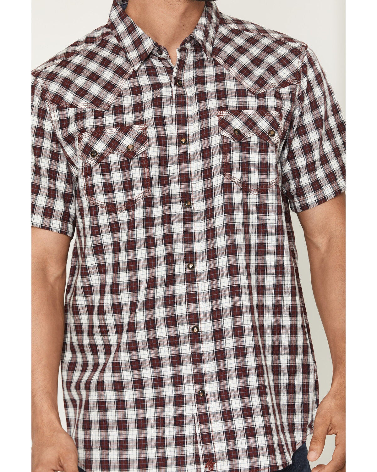 Image #3 - Moonshine Spirit&reg; Men's West Virginia Plaid Print Short Sleeve Snap Flannel Shirt, Burgundy, hi-res