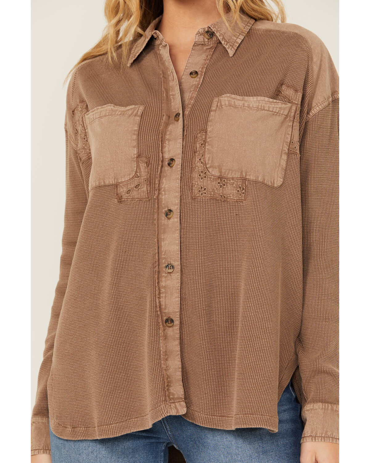 Image #3 - Cleo + Wolf Women's Candie Patchwork Long Sleeve Button-Down Shirt, Medium Brown, hi-res