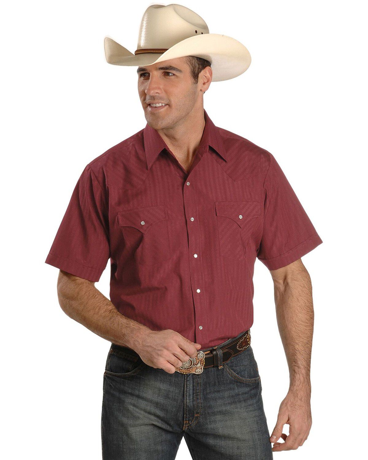 Image #1 - Ely Walker Men's Tonal Dobby Striped Short Sleeve Pearl Snap Western Shirt, , hi-res