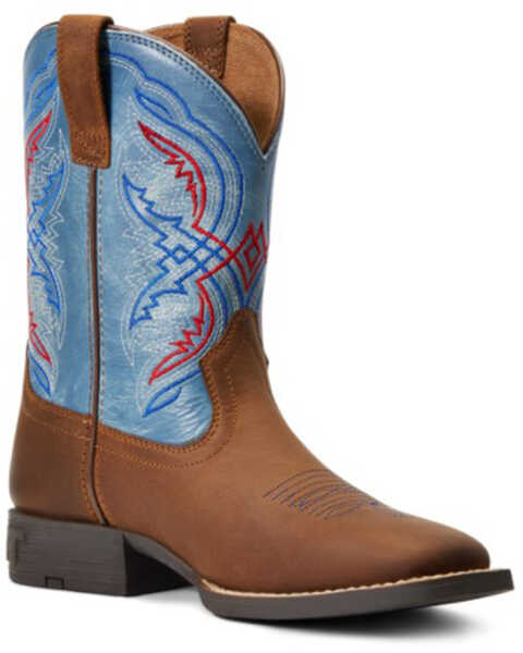 Ariat Boys' Double Kicker Distressed Brown & Stone Blue Full Grain Western Boot - Wide Square Toe , Brown, hi-res