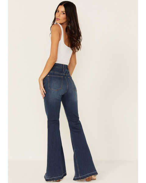 Grace in LA Women's High Rise Split Bottom Flare Denim Jeans, Blue, hi-res