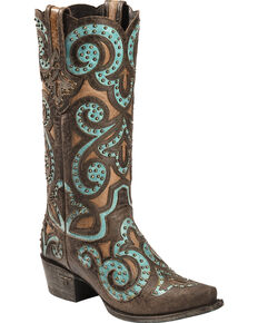 Lane Paulina Scroll Cowgirl Boots - Snip Toe, Brown/turq, hi-res
